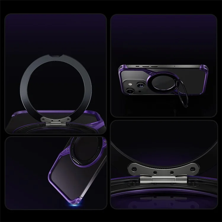 For iPhone 15 Bumper Phone Case Rotary Ring Kickstand Aluminium Alloy S-Shape Magnetic Cover - Purple