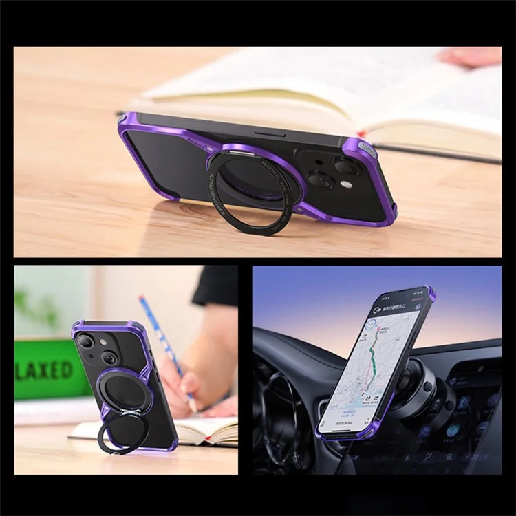 For iPhone 15 Bumper Phone Case Rotary Ring Kickstand Aluminium Alloy S-Shape Magnetic Cover - Purple