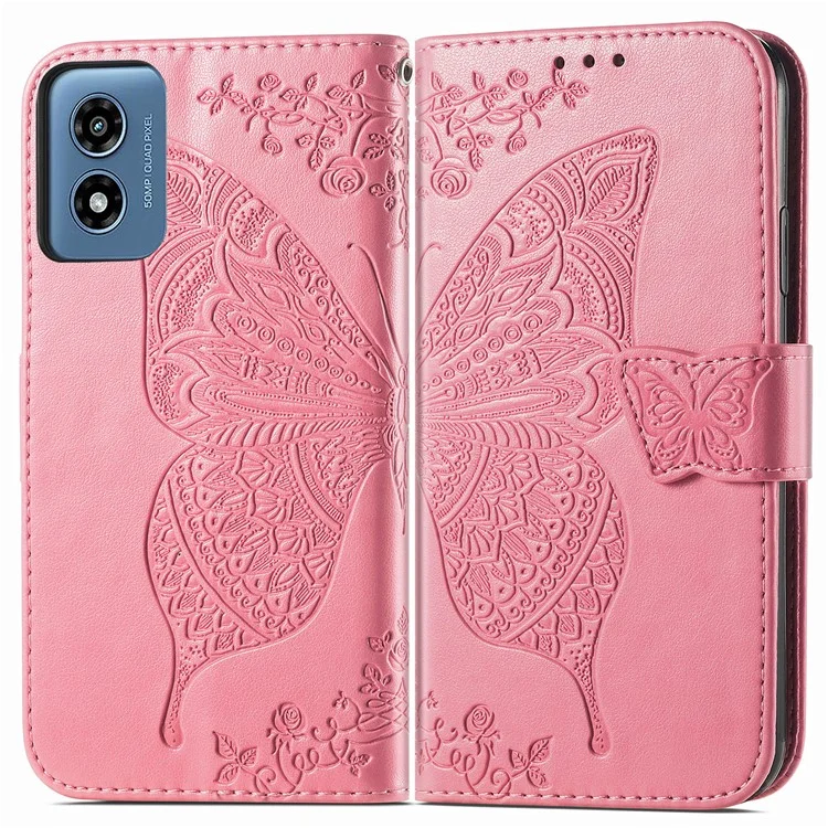 For Motorola Moto G Play (2024) 4G Case PU Leather Wallet Phone Cover Butterfly Pattern - Pink