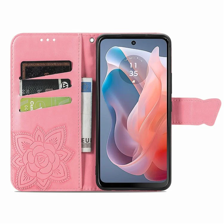 For Motorola Moto G Play (2024) 4G Case PU Leather Wallet Phone Cover Butterfly Pattern - Pink