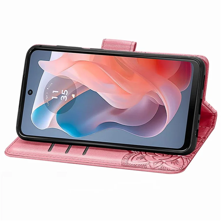 For Motorola Moto G Play (2024) 4G Case PU Leather Wallet Phone Cover Butterfly Pattern - Pink