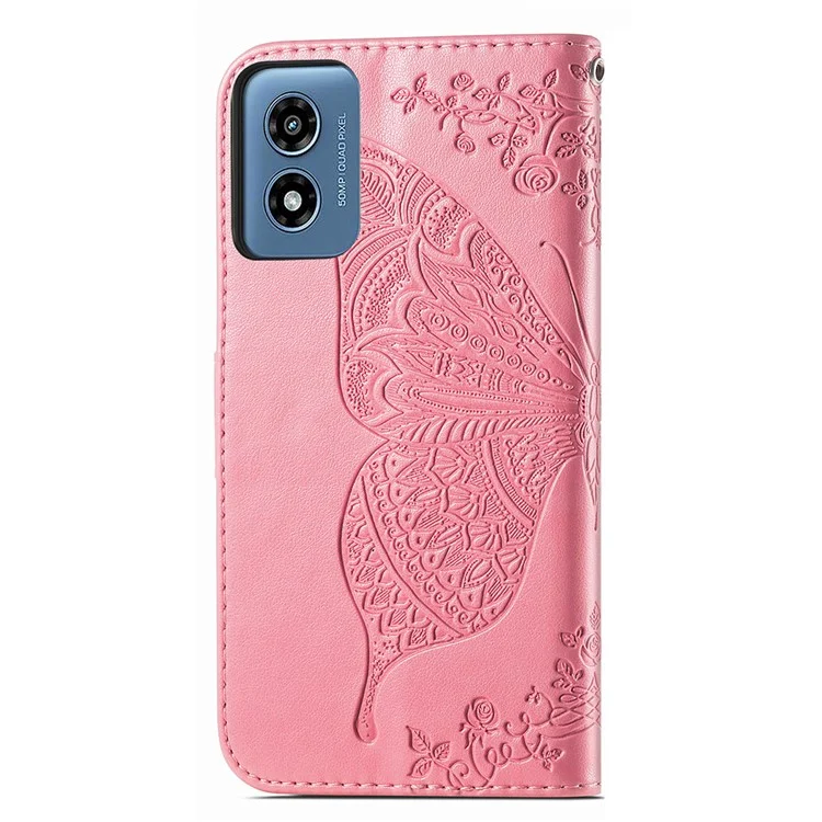 For Motorola Moto G Play (2024) 4G Case PU Leather Wallet Phone Cover Butterfly Pattern - Pink