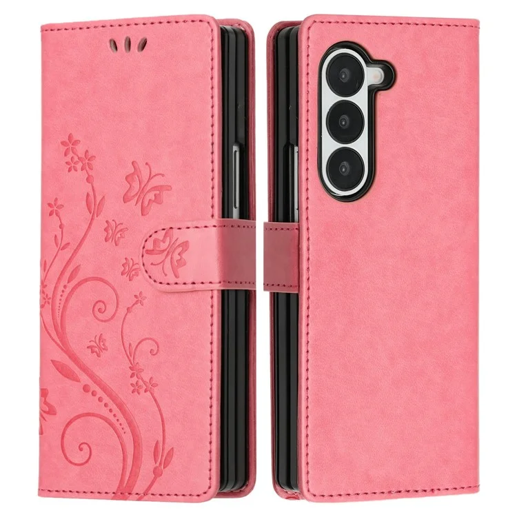 For Samsung Galaxy Z Fold6 5G Leather Wallet Case Butterfly Flower Imprinted Phone Cover with Strap - Pink
