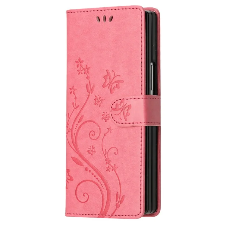For Samsung Galaxy Z Fold6 5G Leather Wallet Case Butterfly Flower Imprinted Phone Cover with Strap - Pink