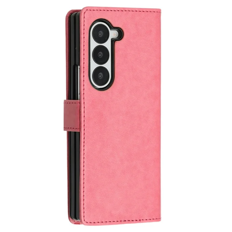 For Samsung Galaxy Z Fold6 5G Leather Wallet Case Butterfly Flower Imprinted Phone Cover with Strap - Pink