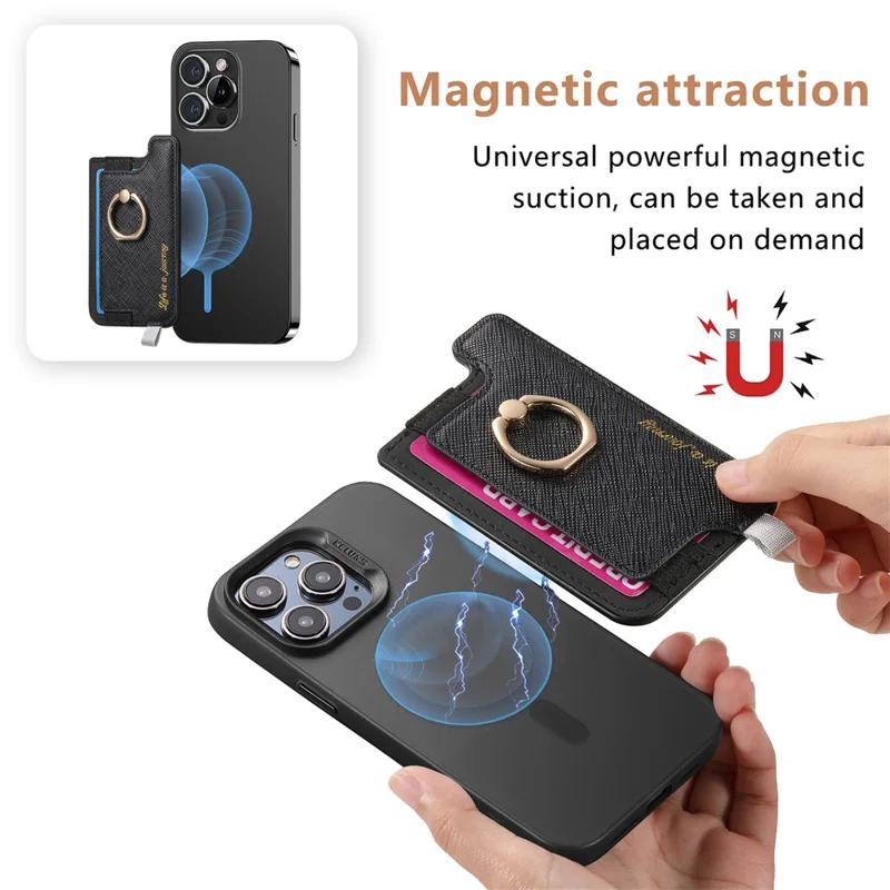 MC-W13 Magnetic Card Holder Ring Kickstand Leather Card Bag Sleeve Pouch - Black