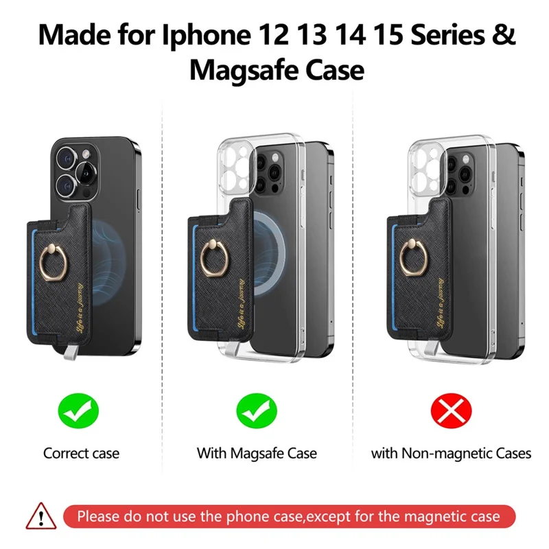 MC-W13 Magnetic Card Holder Ring Kickstand Leather Card Bag Sleeve Pouch - Black
