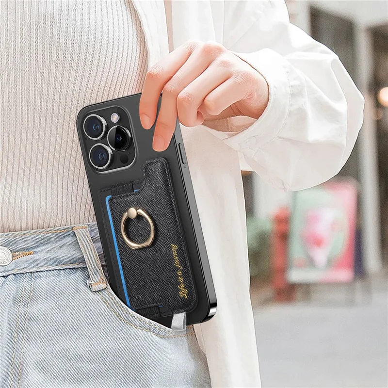 MC-W13 Magnetic Card Holder Ring Kickstand Leather Card Bag Sleeve Pouch - Black