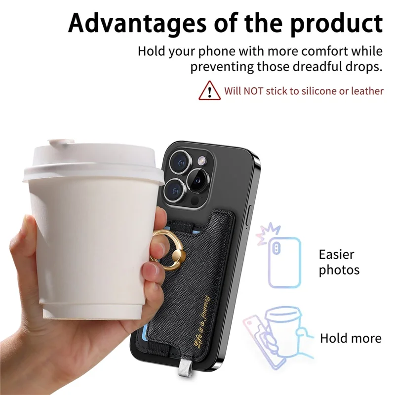 MC-W13 Magnetic Card Holder Ring Kickstand Leather Card Bag Sleeve Pouch - Black