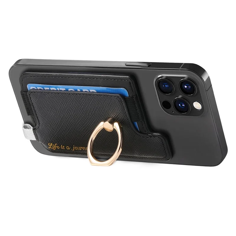 MC-W13 Magnetic Card Holder Ring Kickstand Leather Card Bag Sleeve Pouch - Black