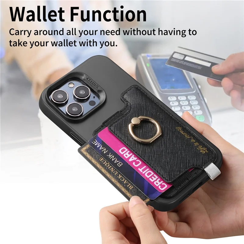 MC-W13 Magnetic Card Holder Ring Kickstand Leather Card Bag Sleeve Pouch - Black