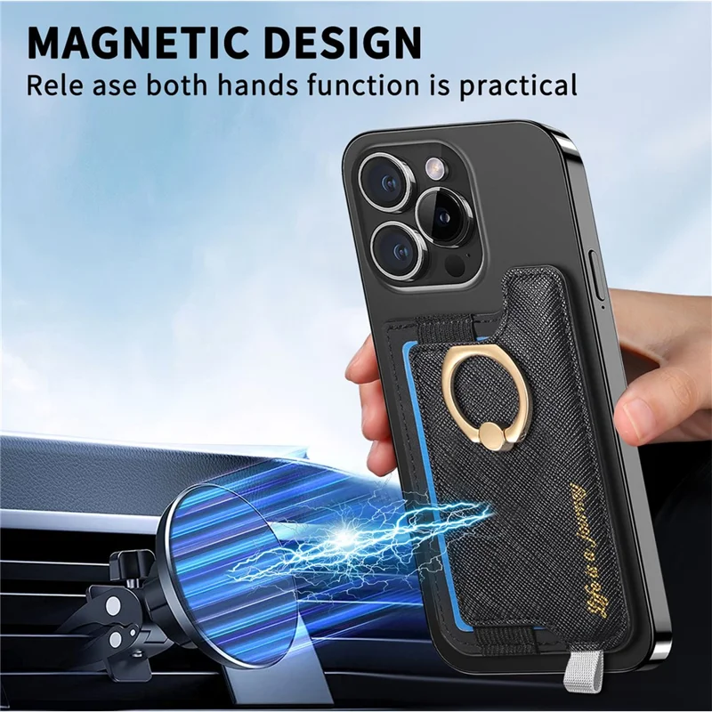 MC-W13 Magnetic Card Holder Ring Kickstand Leather Card Bag Sleeve Pouch - Black
