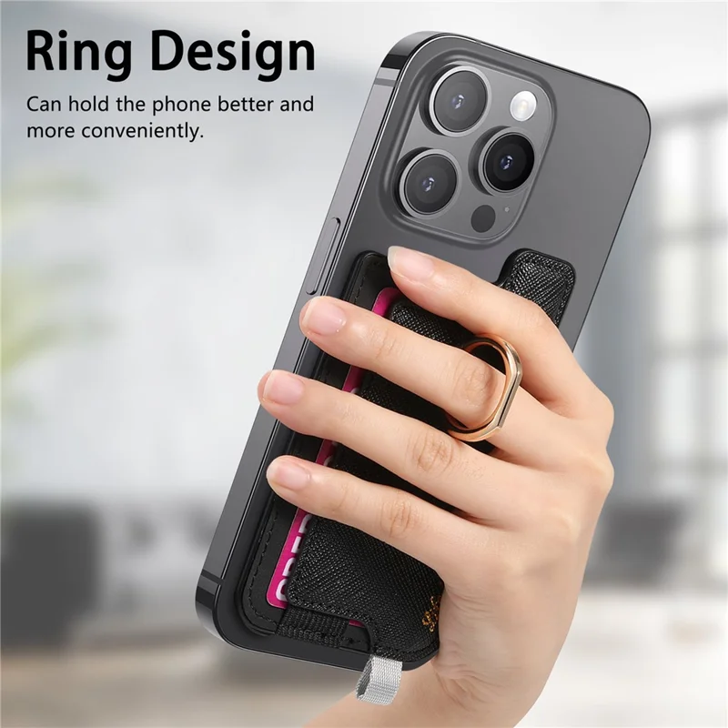 MC-W13 Magnetic Card Holder Ring Kickstand Leather Card Bag Sleeve Pouch - Black