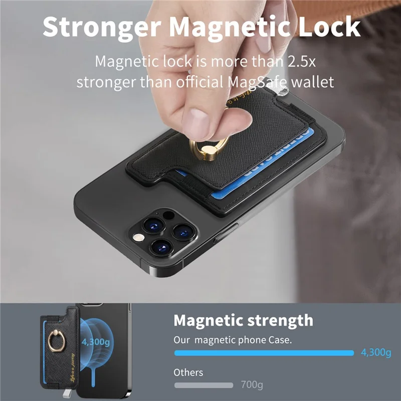MC-W13 Magnetic Card Holder Ring Kickstand Leather Card Bag Sleeve Pouch - Black