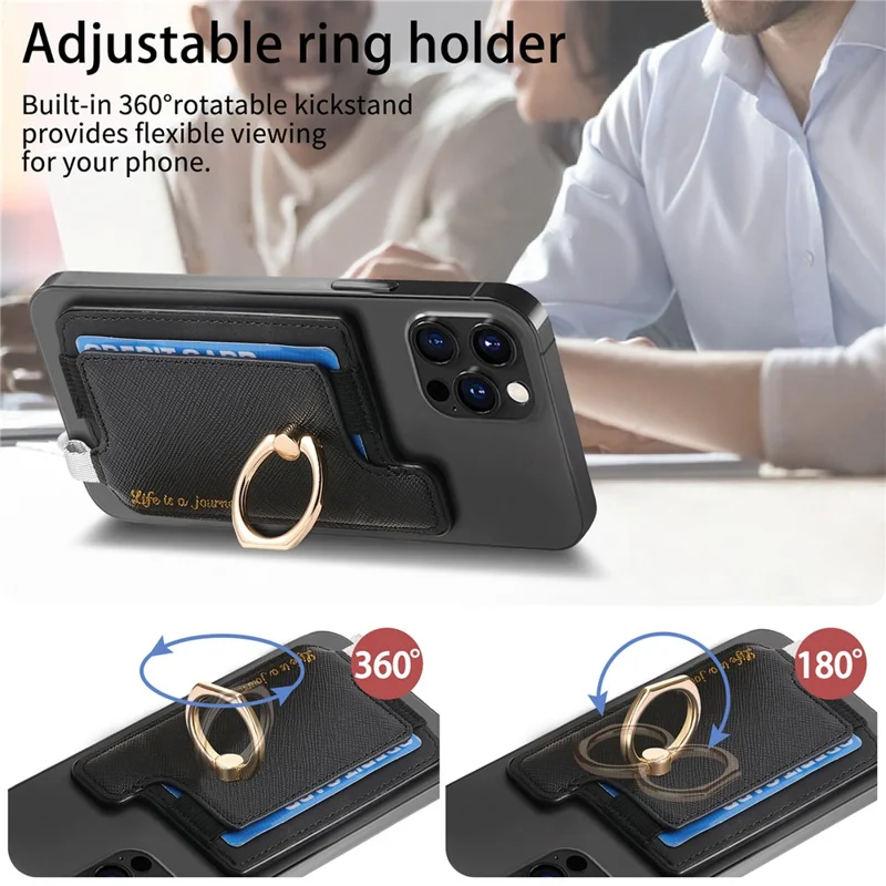 MC-W13 Magnetic Card Holder Ring Kickstand Leather Card Bag Sleeve Pouch - Black