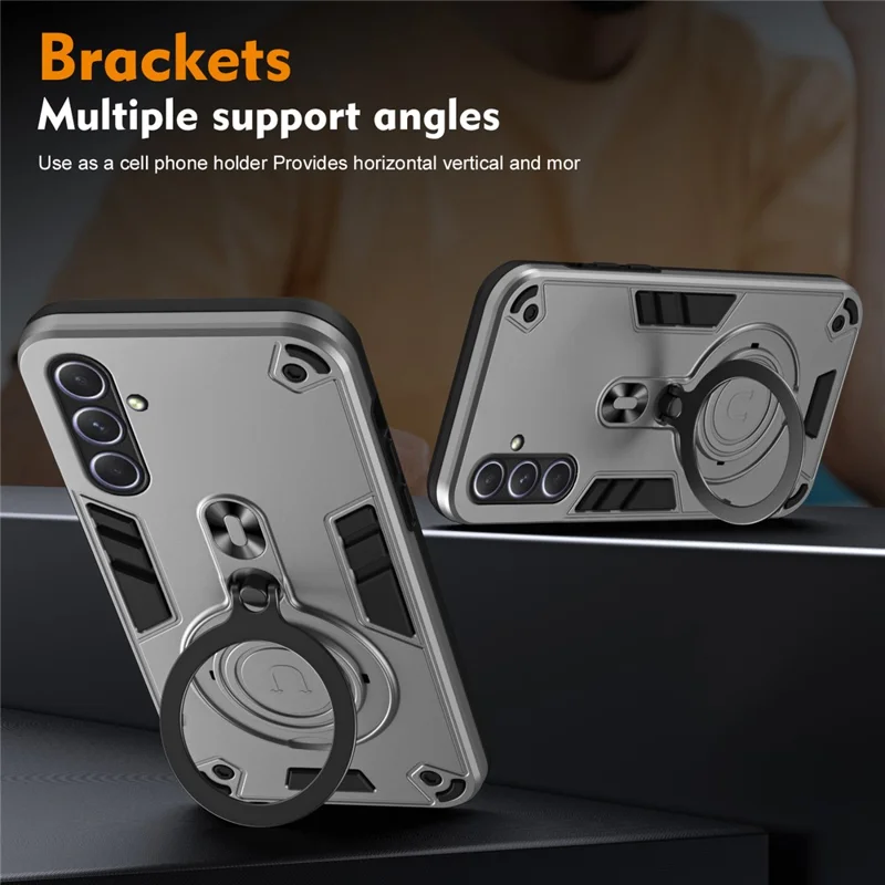 For Samsung Galaxy A55 5G Case Rotatable Kickstand PC+TPU Drop Protection Phone Cover - Silver