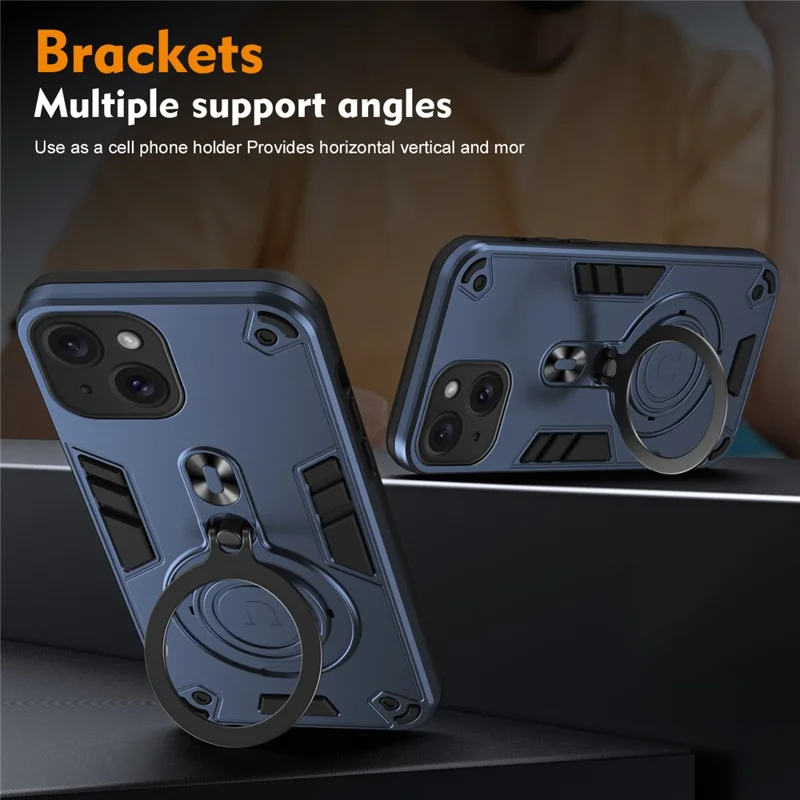For iPhone 15 Case Rotatable Kickstand PC+TPU Drop Protection Phone Cover - Blue