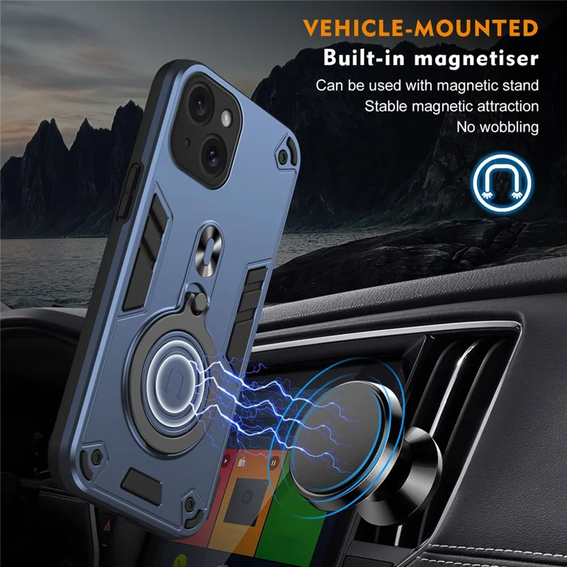 For iPhone 15 Case Rotatable Kickstand PC+TPU Drop Protection Phone Cover - Blue