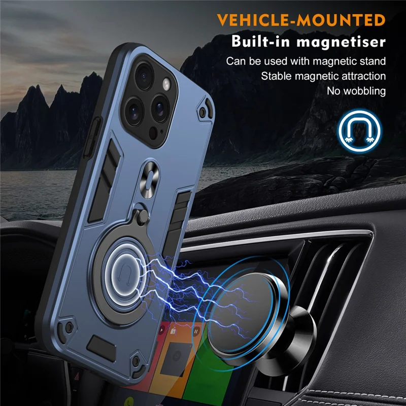 For iPhone 15 Pro Max Case Rotatable Kickstand PC+TPU Drop Protection Phone Cover - Blue