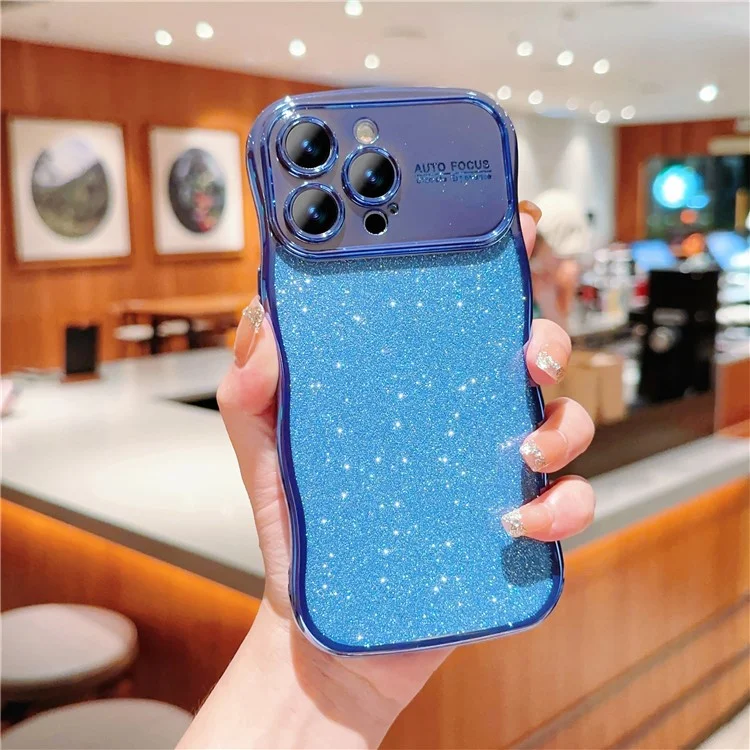 Чехол для iPhone 16 Pro, Electroplating Curly Frame TPU Glitter Phone Cover Large Window - Синий