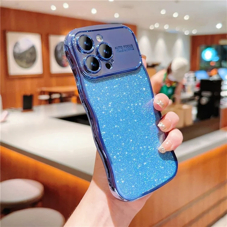 Чехол для iPhone 16 Pro, Electroplating Curly Frame TPU Glitter Phone Cover Large Window - Синий