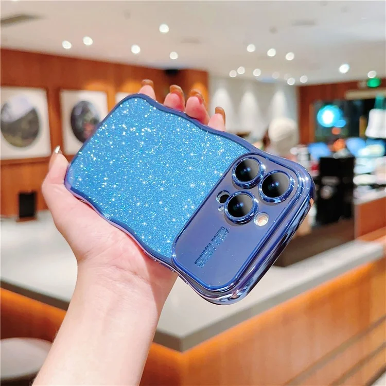 Чехол для iPhone 16 Pro, Electroplating Curly Frame TPU Glitter Phone Cover Large Window - Синий