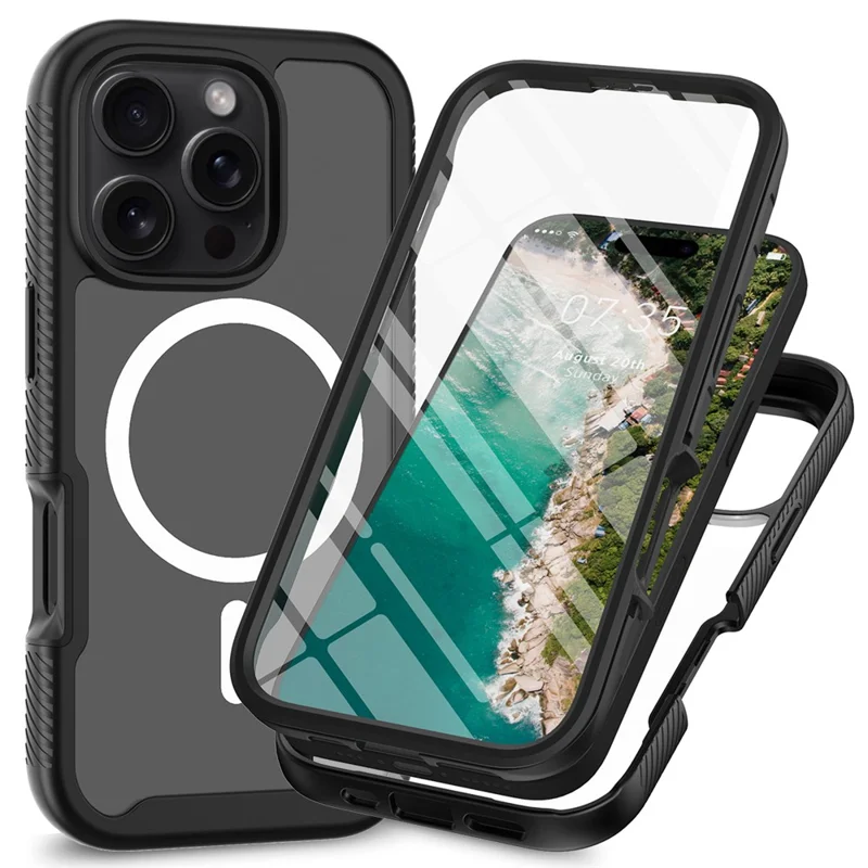 For iPhone 16 Pro Magnetic Case PC+TPU Phone Cover with PET Screen Film All-Around Protection - Black