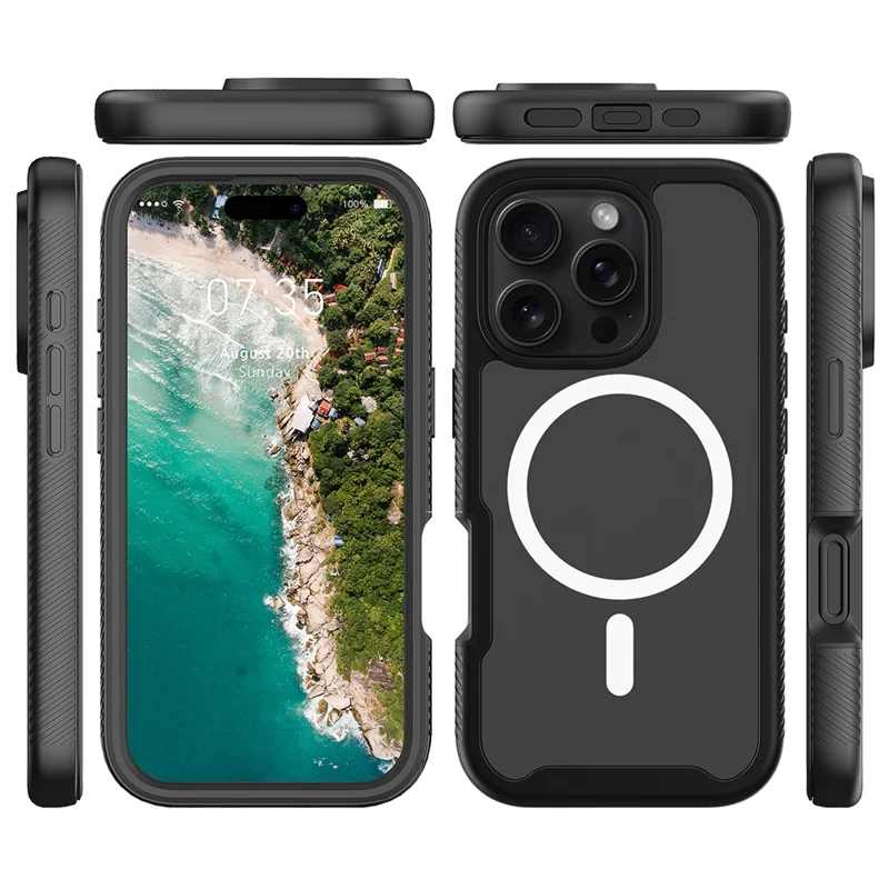 For iPhone 16 Pro Magnetic Case PC+TPU Phone Cover with PET Screen Film All-Around Protection - Black