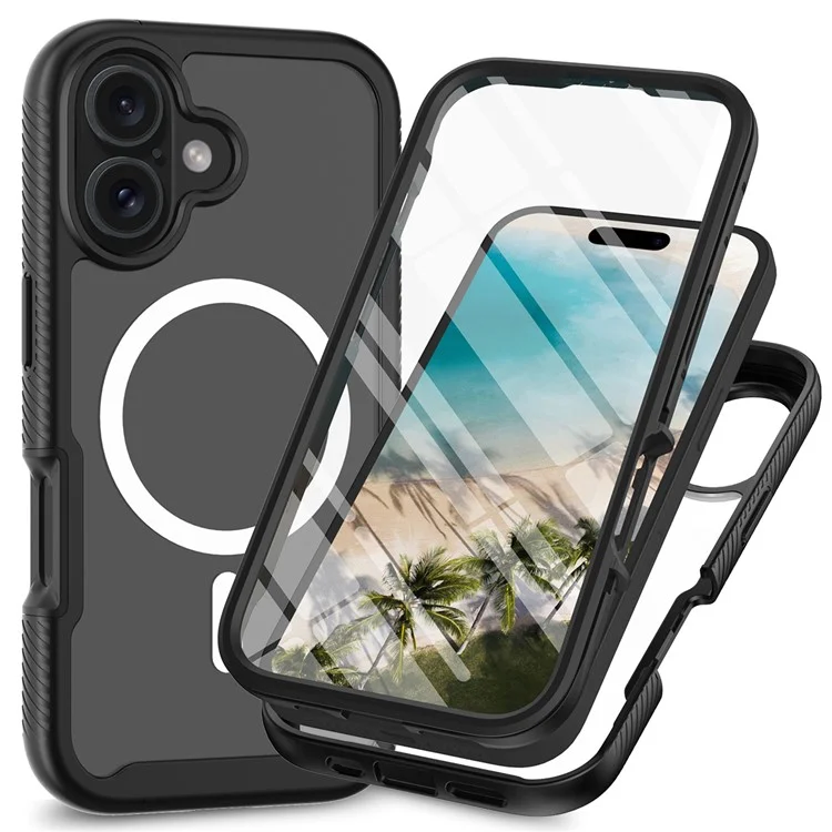 Para iPhone 16 Plus Magnetic Case PC+TPU Phone Cover com PET Screen Film Proteção em Todas as Áreas - Preto