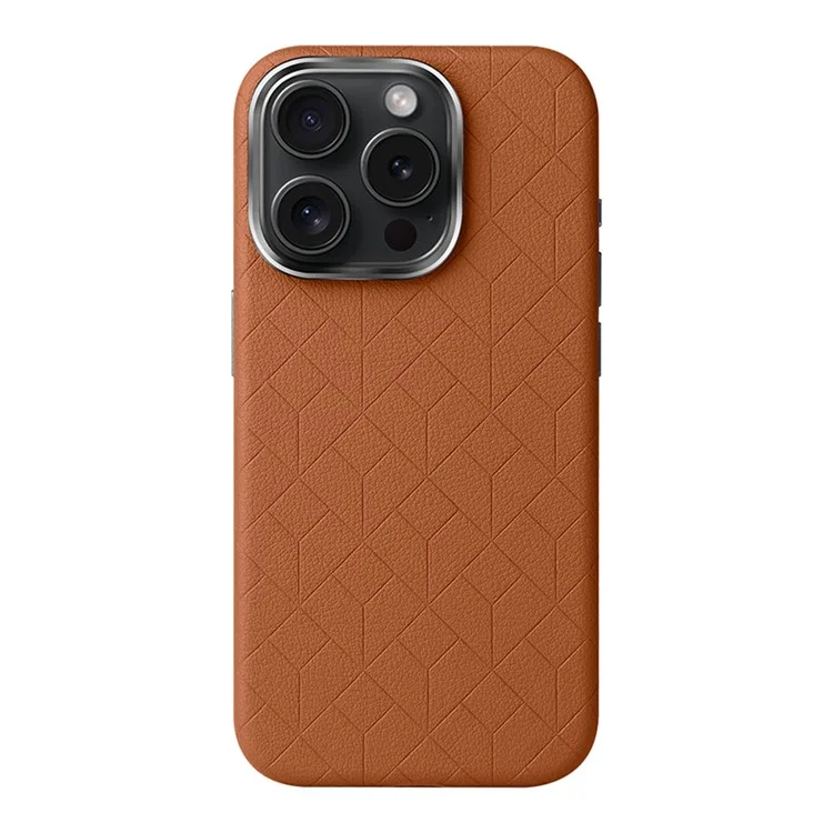 For iPhone 16 Pro Max Case Imprinted Anti-Fingerprint PU+TPU Phone Cover with Metal Buttons - Brown