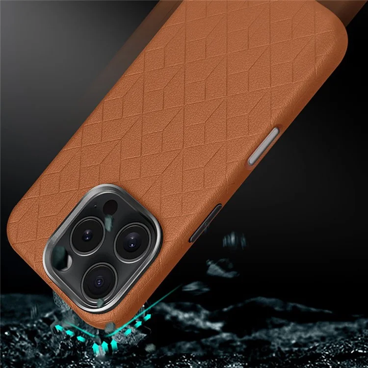 For iPhone 16 Pro Max Case Imprinted Anti-Fingerprint PU+TPU Phone Cover with Metal Buttons - Brown