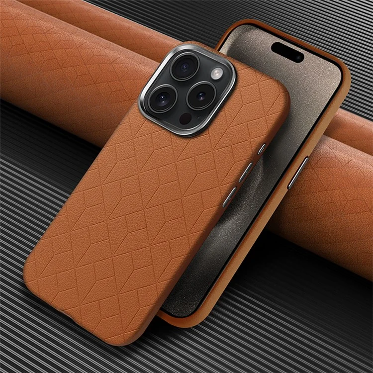 For iPhone 16 Pro Max Case Imprinted Anti-Fingerprint PU+TPU Phone Cover with Metal Buttons - Brown
