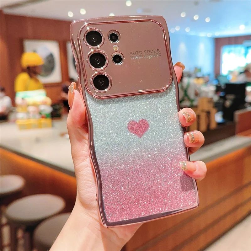 For Samsung Galaxy S24 Ultra Case Love Heart Gradient Glitter TPU Phone Cover Electroplating Curly Frame - Rose Pink
