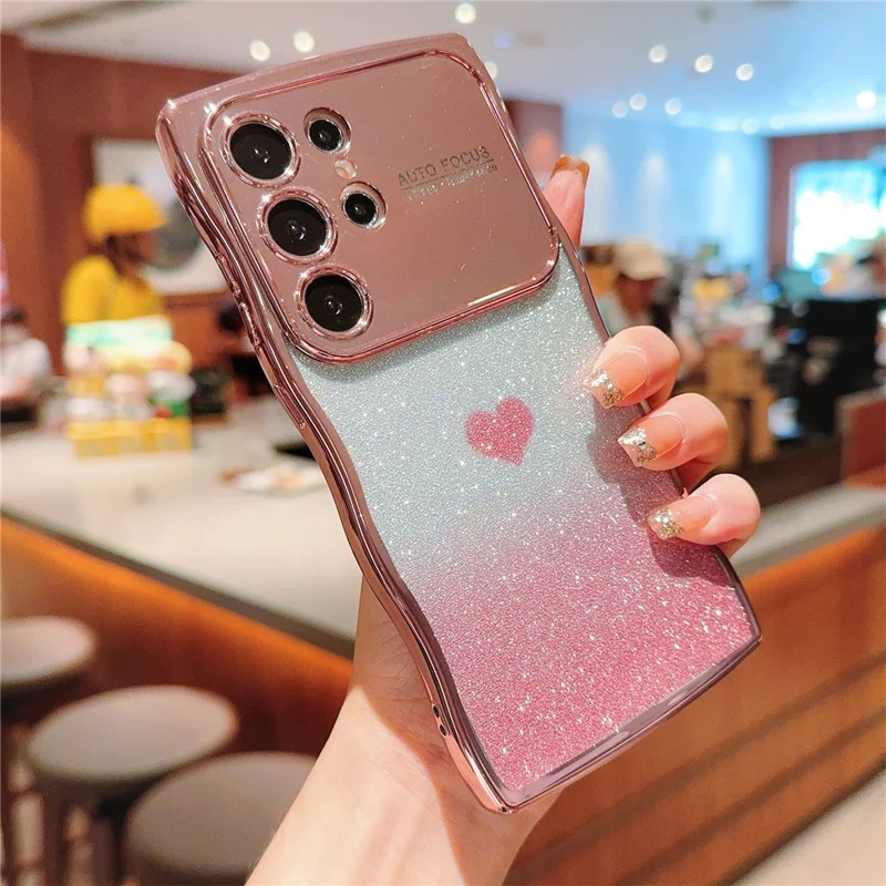 For Samsung Galaxy S24 Ultra Case Love Heart Gradient Glitter TPU Phone Cover Electroplating Curly Frame - Rose Pink