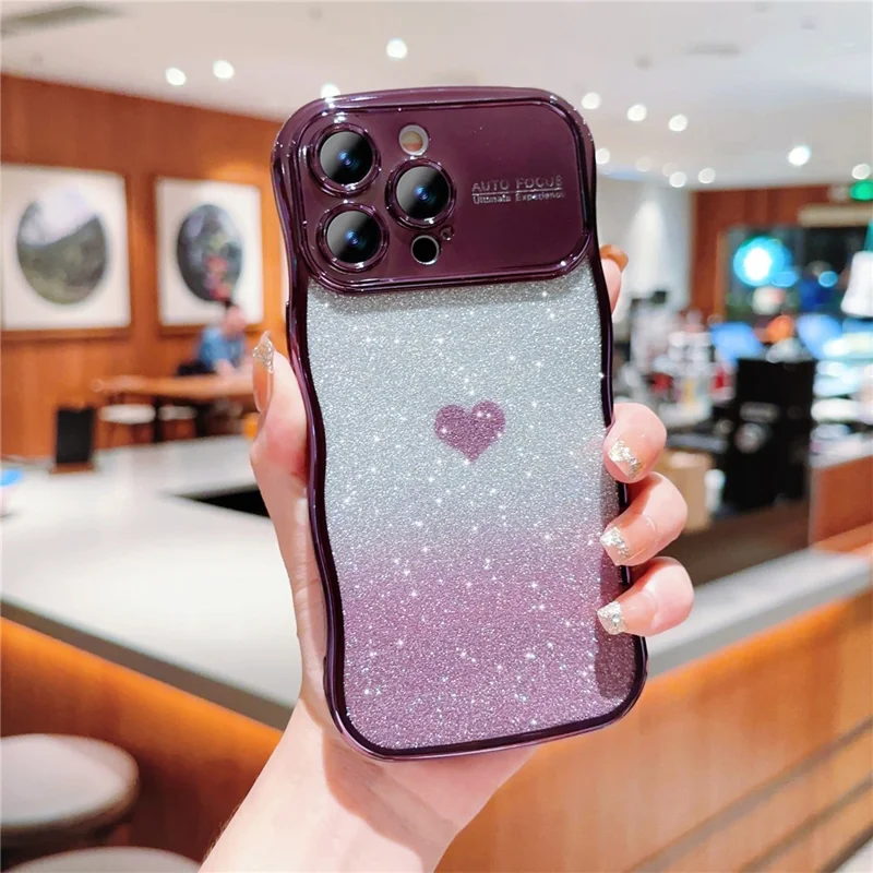 For iPhone 16 Pro Max Case Love Heart Gradient Glitter TPU Phone Cover Electroplating Curly Frame - Dark Purple