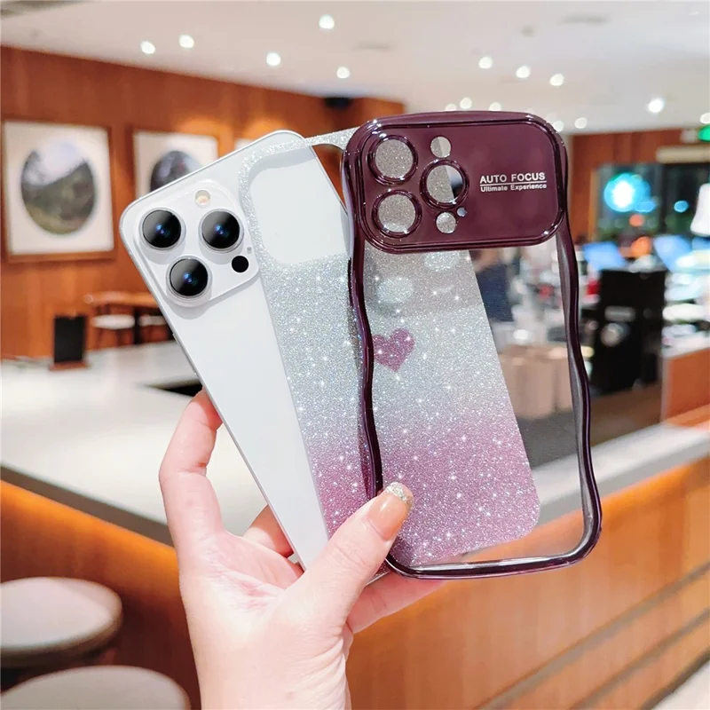 For iPhone 16 Pro Max Case Love Heart Gradient Glitter TPU Phone Cover Electroplating Curly Frame - Dark Purple