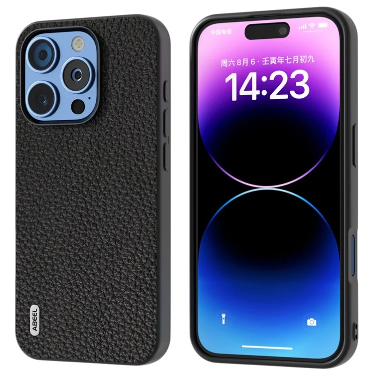 Abeel Para Iphone 16 Pro Max Case Tpu+cubierta de Teléfono Protector de Cuero de Vaca Genuina - Negro