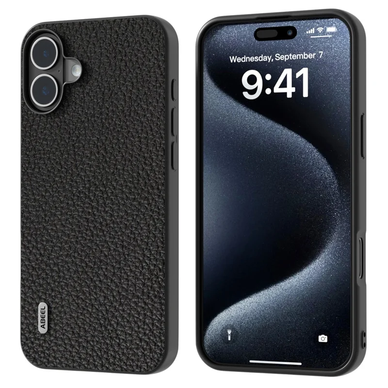 Abeel Para Iphone 16 Plus Case Tpu+cubierta de Teléfono Protector de Cuero de Vaca Genuina - Negro