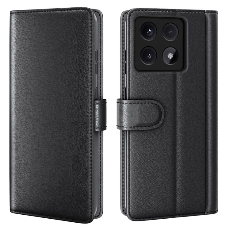 Para Xiaomi 14T Pro Case Genuine Split Leather Phone Cover Wallet Card Slot - Preto
