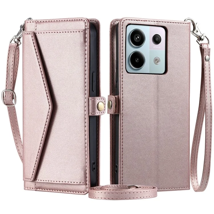 For Xiaomi Poco X6 5G  /  Redmi Note 13 Pro 5G Leather Case Wallet Stand Phone Cover with Straps - Rose Gold