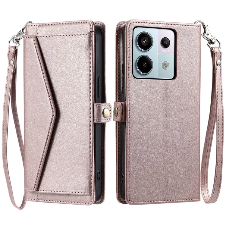 For Xiaomi Poco X6 5G  /  Redmi Note 13 Pro 5G Leather Case Wallet Stand Phone Cover with Straps - Rose Gold