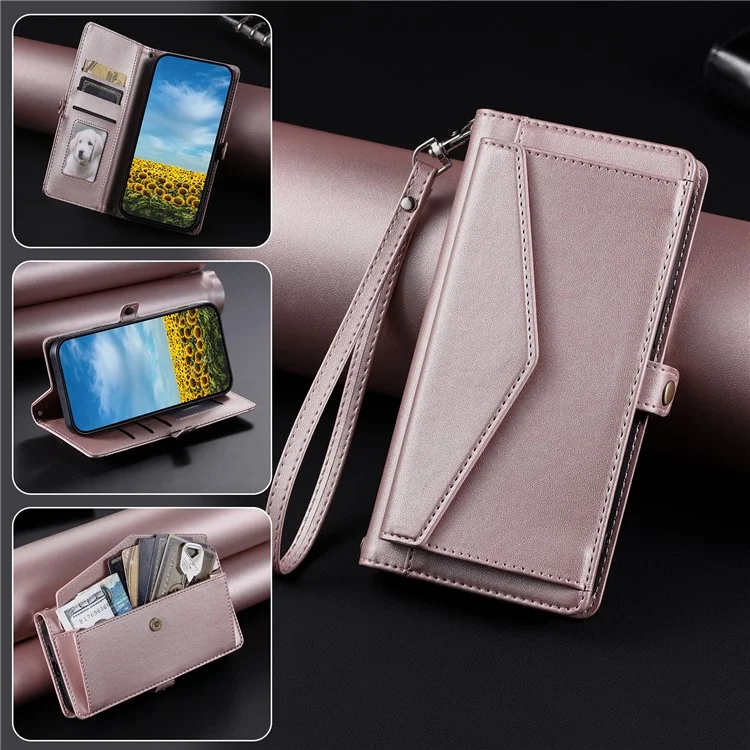 For Xiaomi Poco X6 5G  /  Redmi Note 13 Pro 5G Leather Case Wallet Stand Phone Cover with Straps - Rose Gold