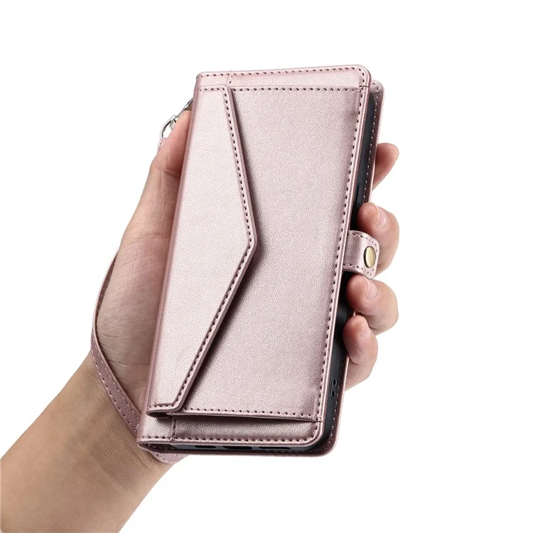 For Xiaomi Poco X6 5G  /  Redmi Note 13 Pro 5G Leather Case Wallet Stand Phone Cover with Straps - Rose Gold