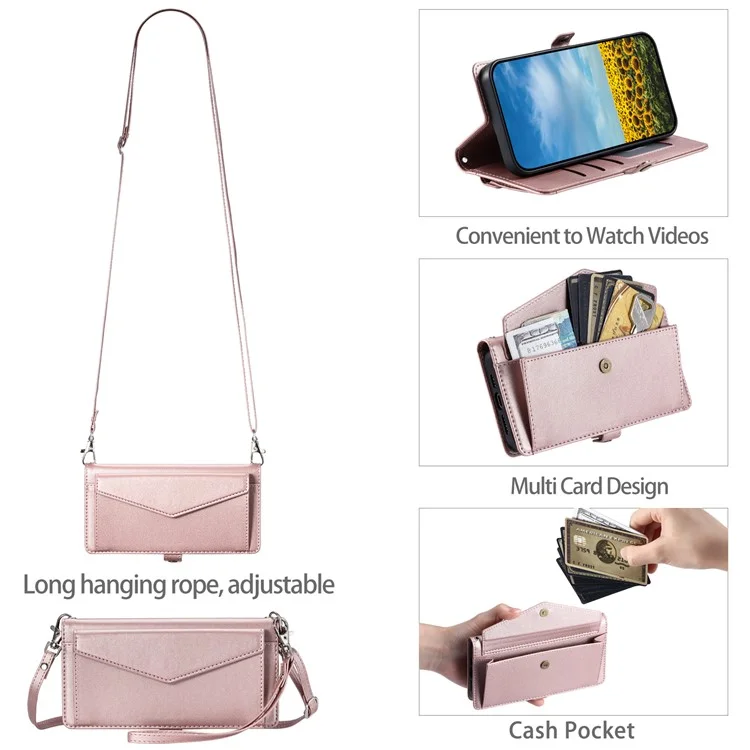 For Xiaomi Poco X6 5G  /  Redmi Note 13 Pro 5G Leather Case Wallet Stand Phone Cover with Straps - Rose Gold