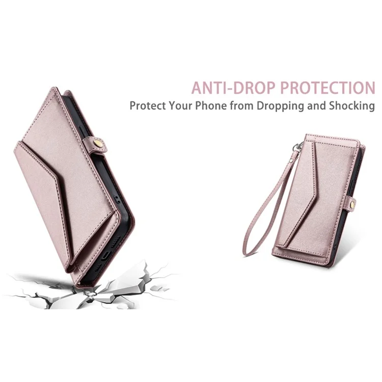 For Xiaomi Poco X6 5G  /  Redmi Note 13 Pro 5G Leather Case Wallet Stand Phone Cover with Straps - Rose Gold