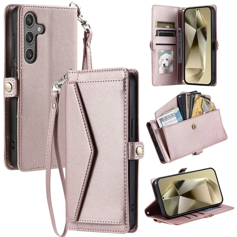 For Samsung Galaxy S24 FE Leather Case with Wrist Strap Wallet Stand Phone Cover - Rose Gold