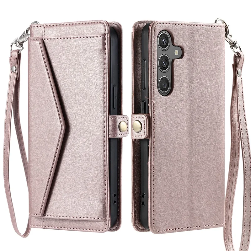 For Samsung Galaxy S24 FE Leather Case with Wrist Strap Wallet Stand Phone Cover - Rose Gold
