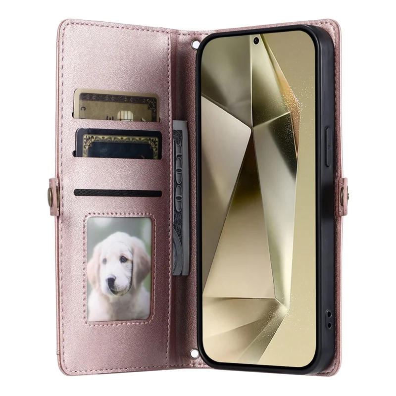 For Samsung Galaxy S24 FE Leather Case with Wrist Strap Wallet Stand Phone Cover - Rose Gold