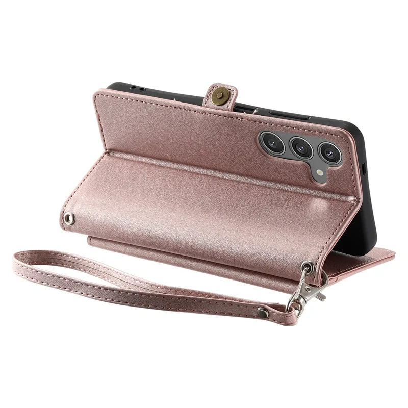For Samsung Galaxy S24 FE Leather Case with Wrist Strap Wallet Stand Phone Cover - Rose Gold