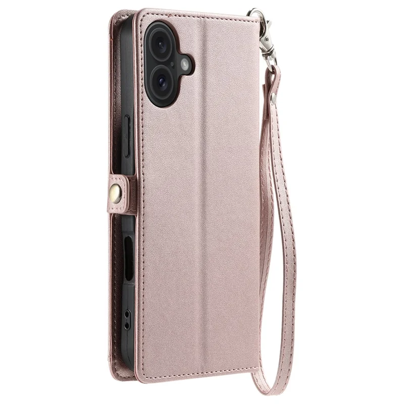 For iPhone 16 Plus Leather Case with Wrist Strap Wallet Stand Phone Cover - Rose Gold